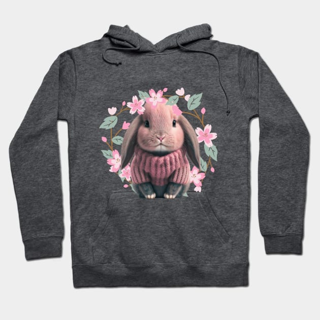 Adorable Baby Bunny in pink wool sweater - crown of charming flowers and leave Hoodie by Artfully Yours